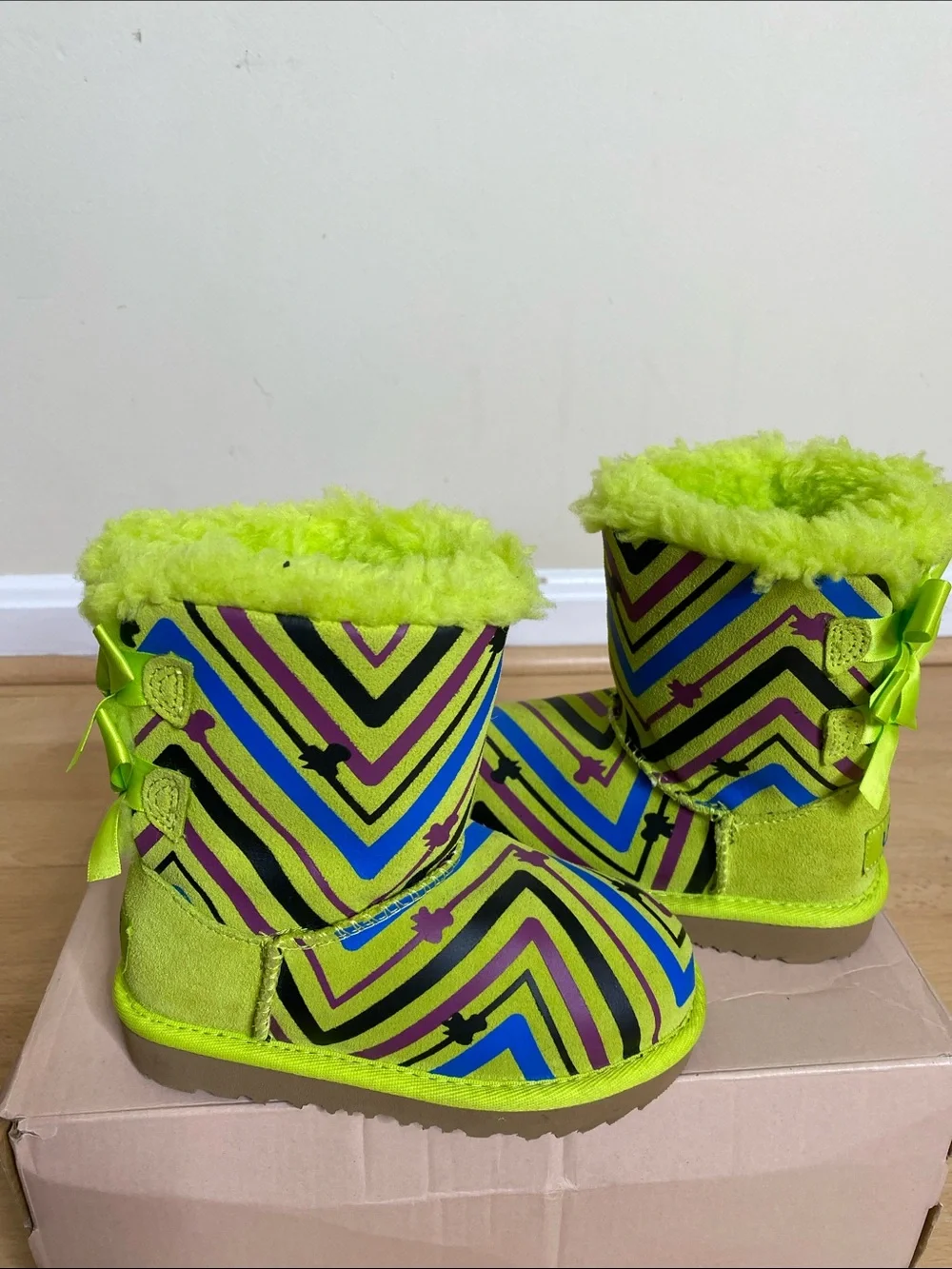UGG Neon Lime Multi‑Pattern Kids Shearling Boots